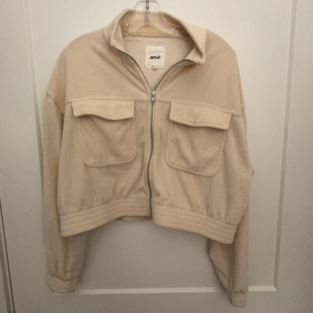 Aerie Jacket Sz L White Corduroy Zip Front Cropped Utility Pockets Collared Soft